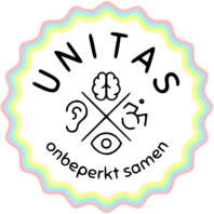 Logo in the form of a badge with wavy edges. The logo spells out the name of the organisation "Unitas" on top, in the middle there is a an image of a brain, wheelchair, eye and ear, on the bottom the slogan spells "Onbeperkt Samen".